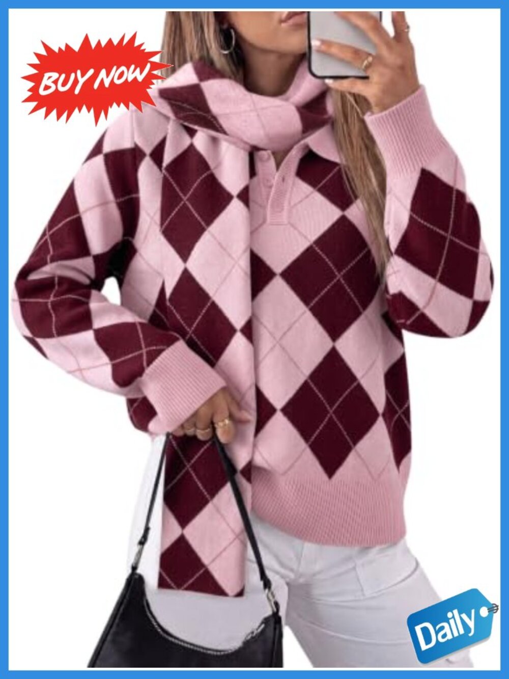 Argyle Sweater Pullover Collared Long Sleeve Knit Top Scarf